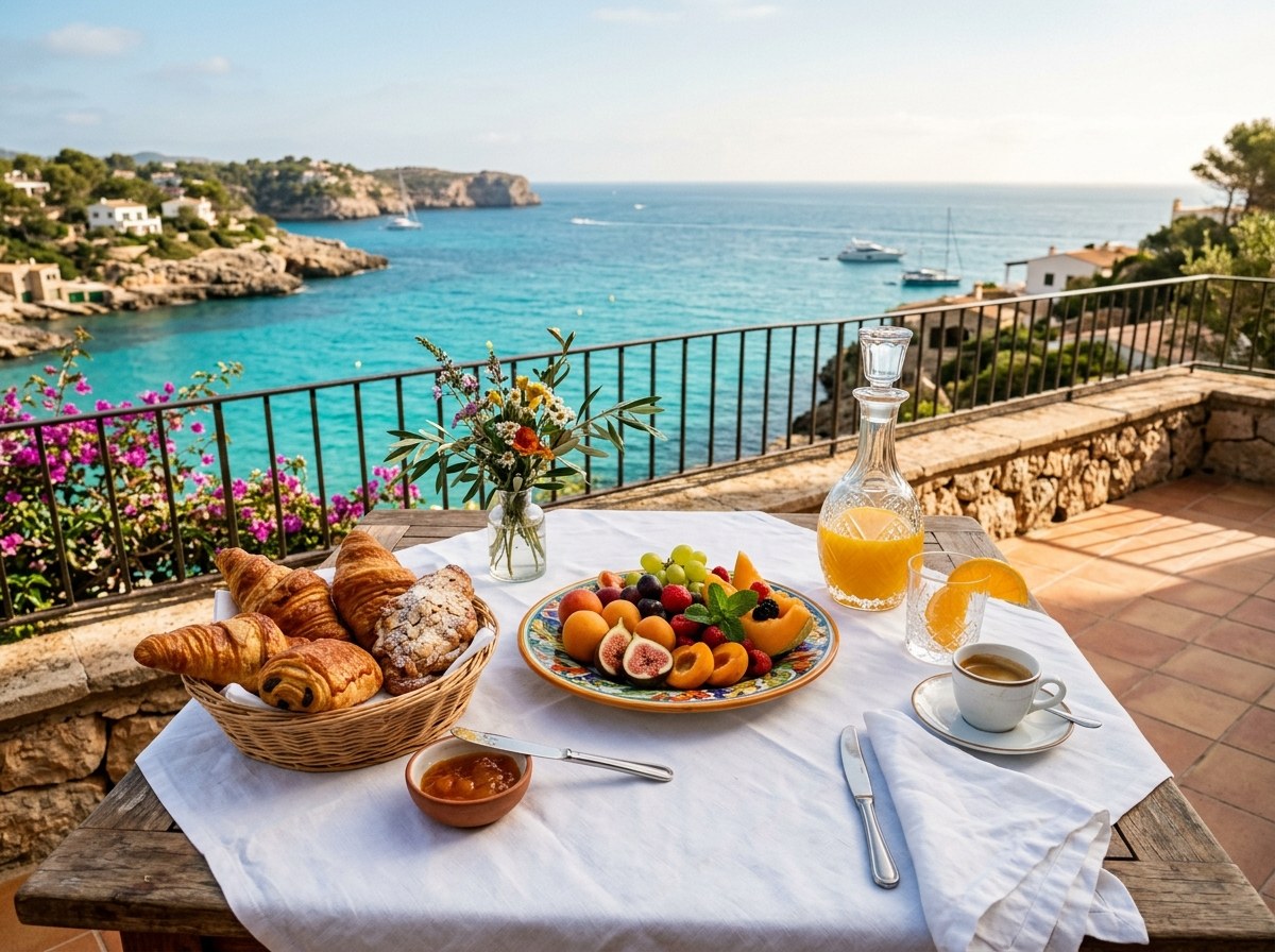 Table de petit-déjeuner en terrasse vue mer