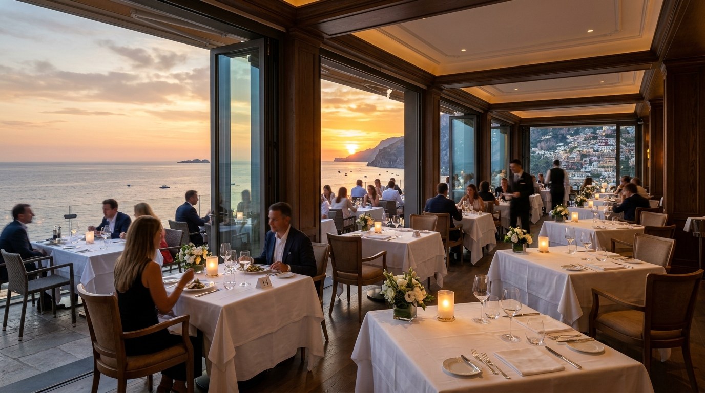Restaurant panoramique au coucher du soleil