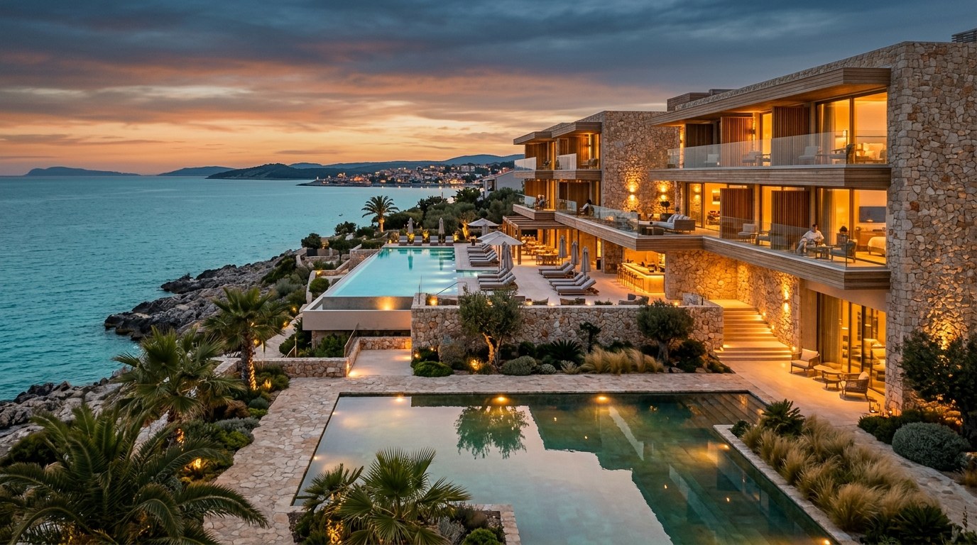 Façade luxueuse de l'Hôtel El Djazira au coucher du soleil