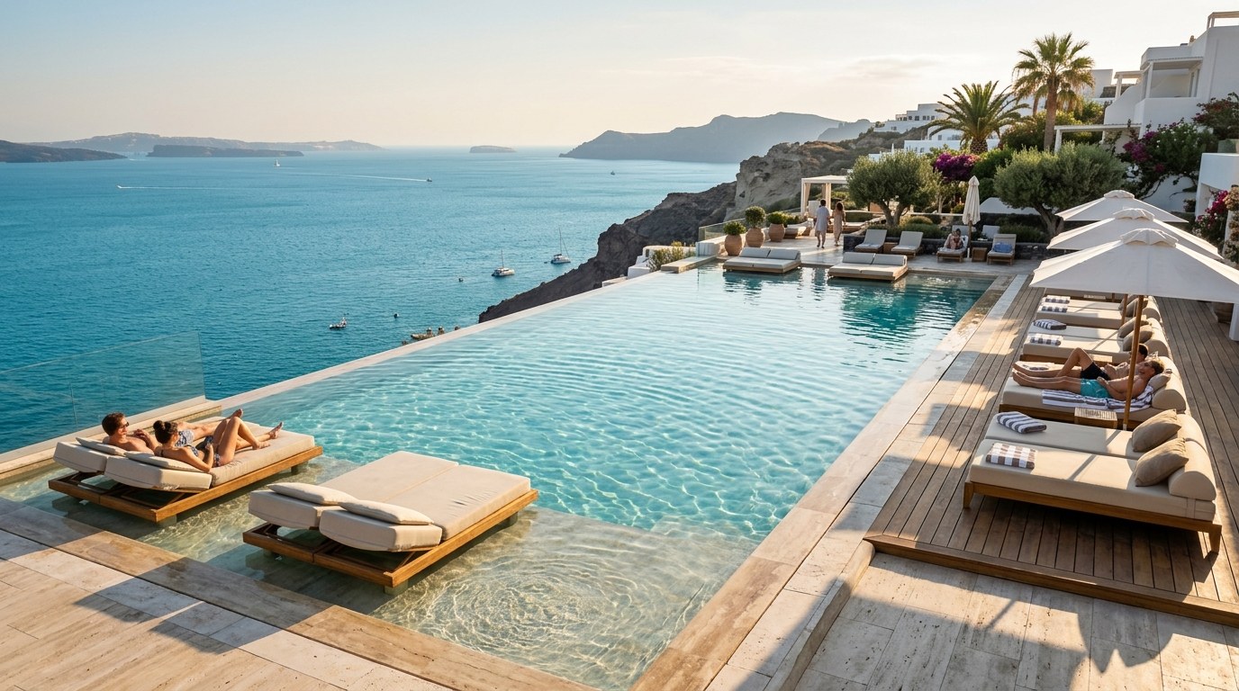 Piscine à débordement et lits de jour